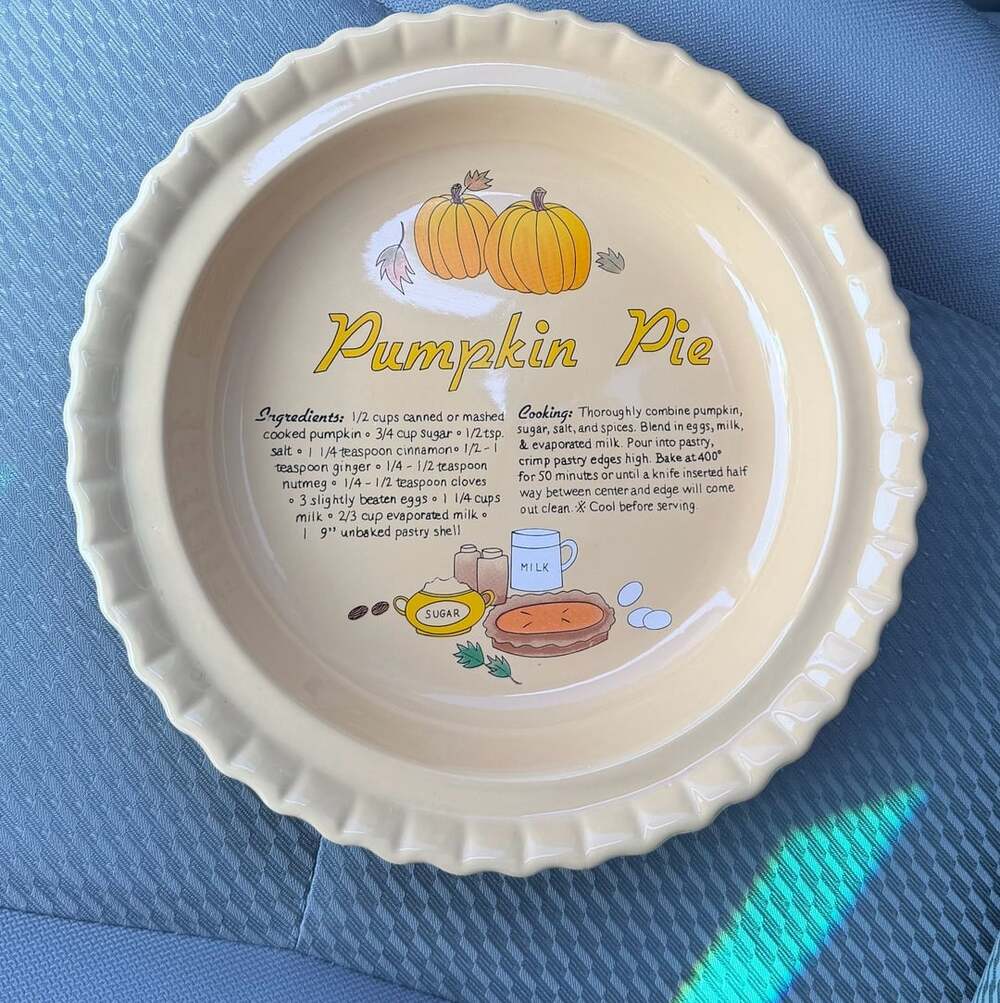 Vintage Ceramic Pumpkin Pie Recipe Baking Dish Plate